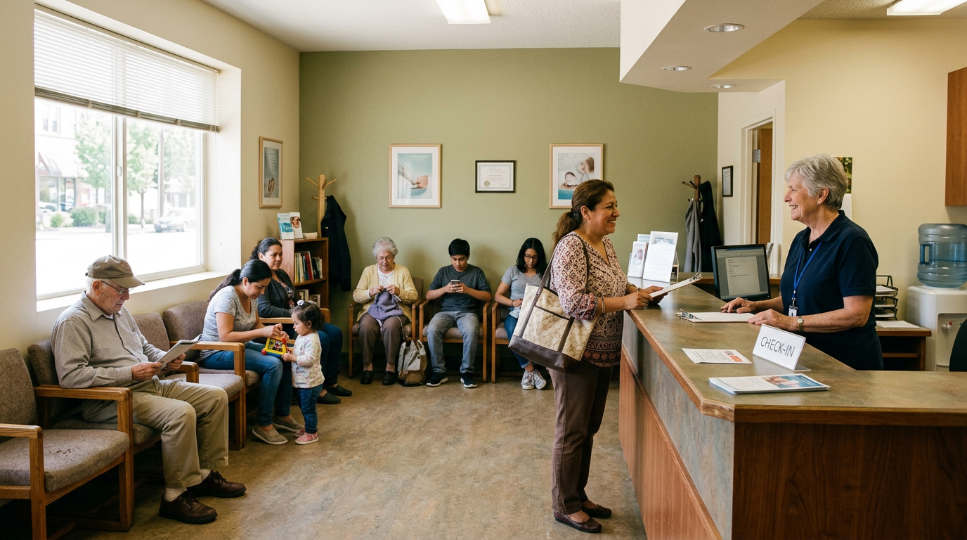 The waiting room and front desk of a small nonprofit dental clinic