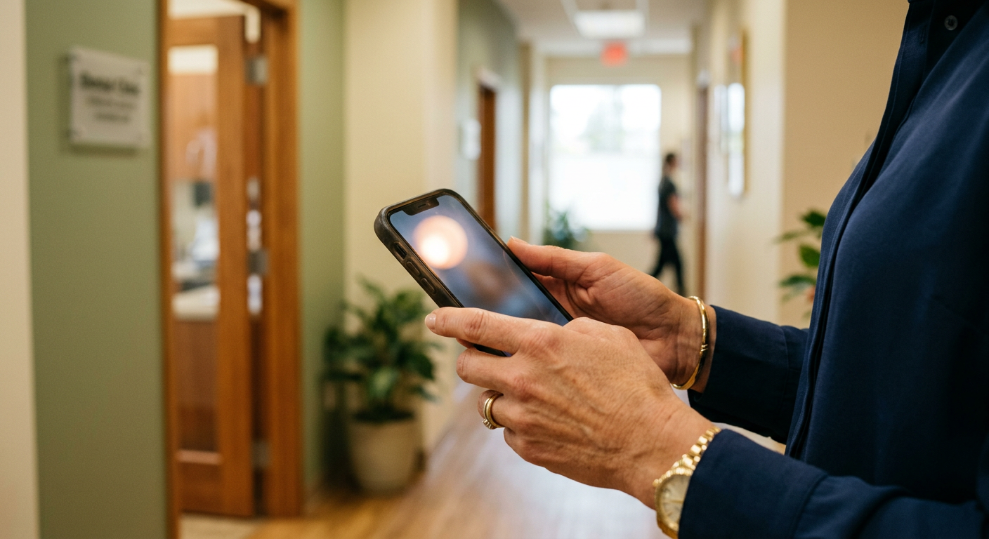 A clinic manager checking a phone notification in a clinic hallway