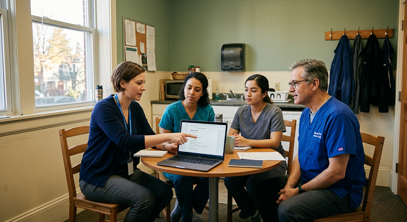 A clinic manager and dental staff reviewing a training checklist together in a clinic break room